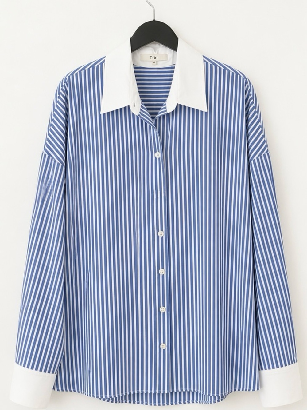 Tibi Blue and White Striped Shirt with Contrast Collar